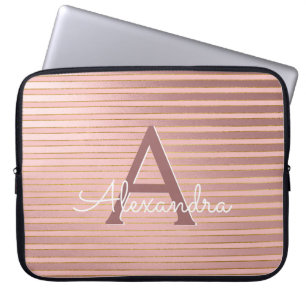 Capa Para Notebook Blush Pink e Dourado Stripes Monograma Girly