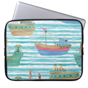 Capa Para Notebook Boats Stripes: Padrão De Pintura Por Aquarela.