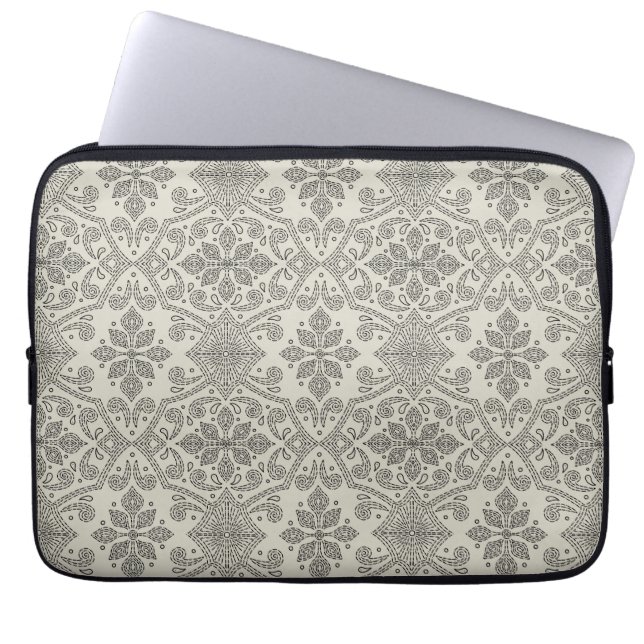 Capa Para Notebook Boho Floral Damask Line Art, Black on Beige (Frente)