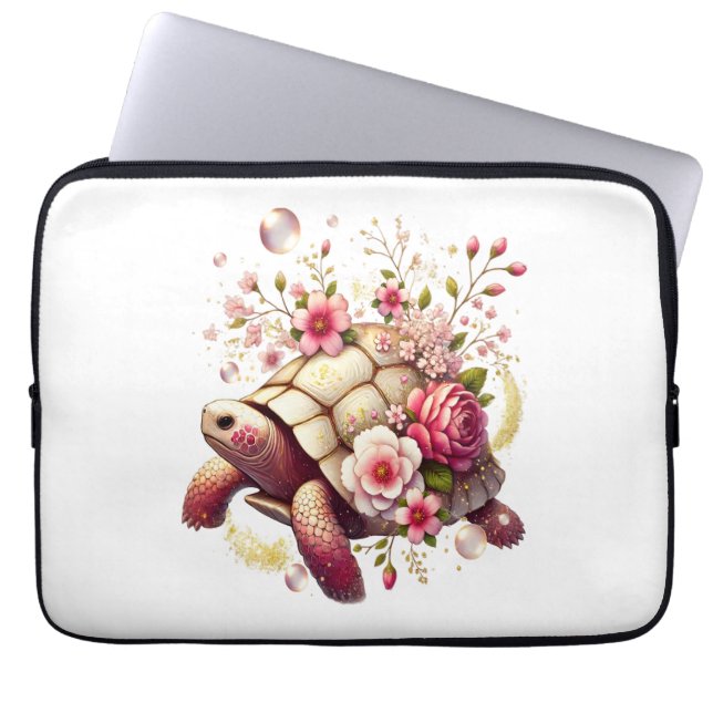 Capa Para Notebook Boho Floral Sea Turtle Pink Flor (Frente)