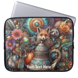 Capa Para Notebook Boho Fox Raccoon Floral Design