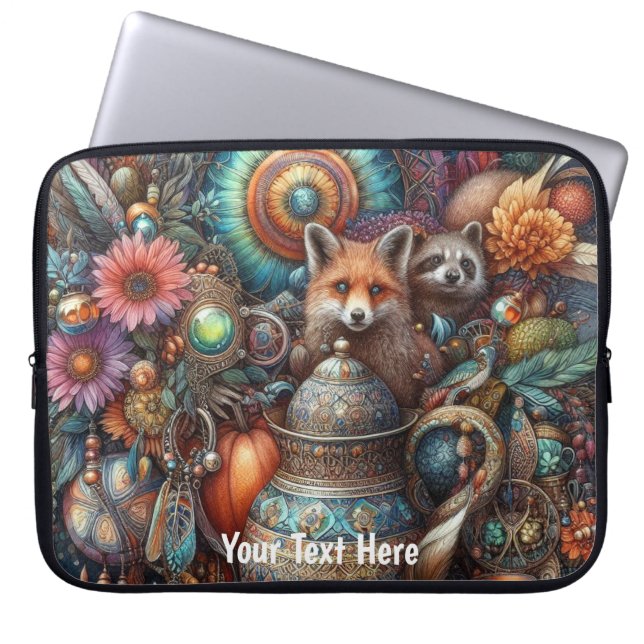 Capa Para Notebook Boho Fox Raccoon Floral Design (Frente)