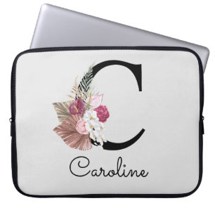 Capa Para Notebook Boho Girly Floral, Cor-de-Rosa, Monograma Inicial