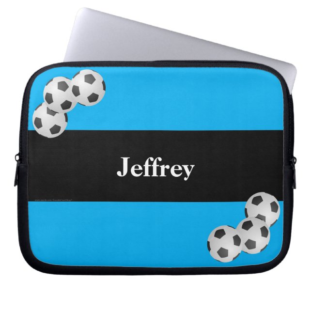Capa Para Notebook Bola de futebol, nome, computador azul e preto (Frente)