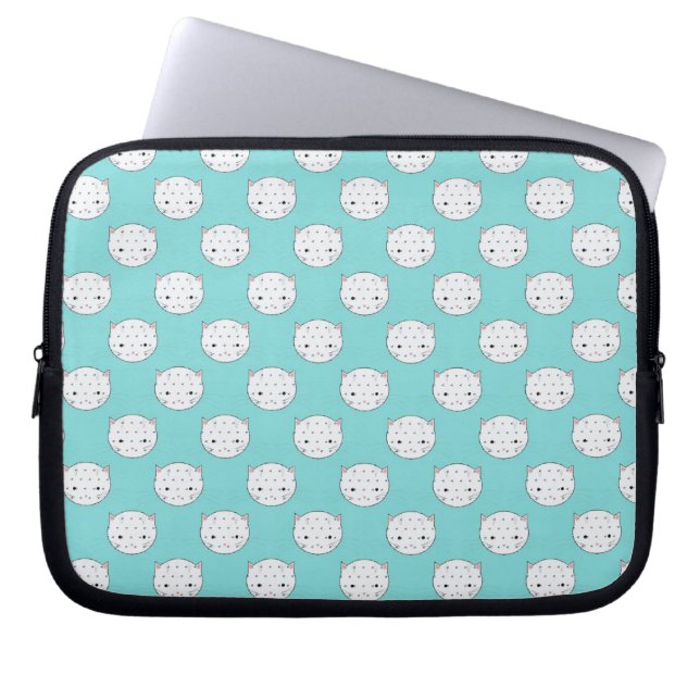 Capa Para Notebook Bolinha de Gato Branco na Cara sobre Azul Turquesa (Frente)