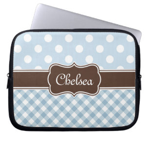Capa Para Notebook Bolinhas Azul Padrões Gingham Nome castanho