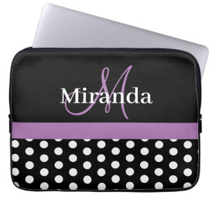Capa Para Notebook Bolinhas branca preta do monograma roxo