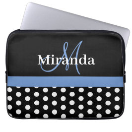 Capa Para Notebook Bolinhas branca preto monograma azul