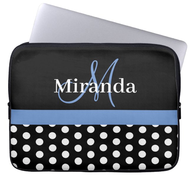 Capa Para Notebook Bolinhas branca preto monograma azul (Frente)