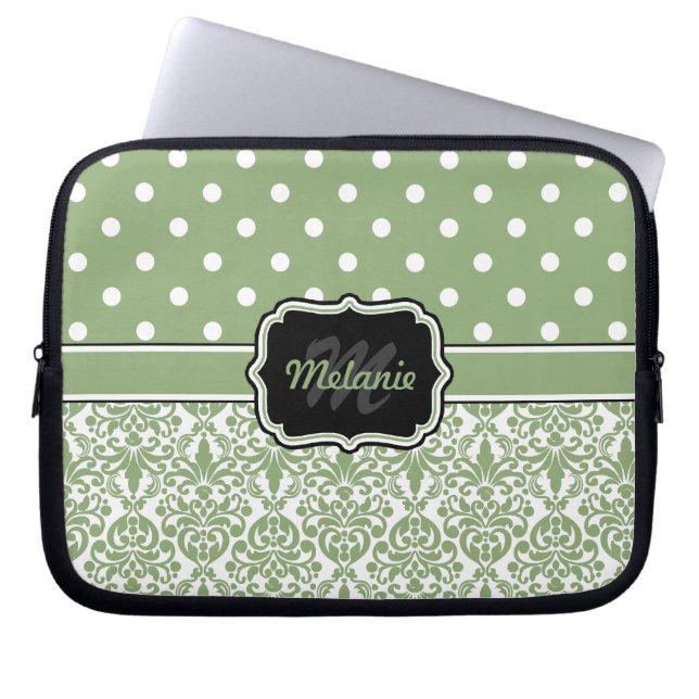 Capa Para Notebook Bolinhas de Damáscaras Monograma Verde Sage (Frente)