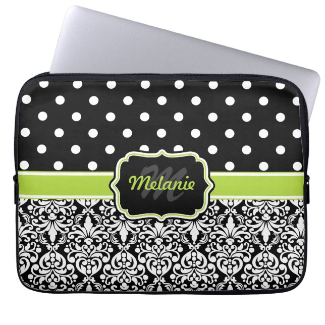Capa Para Notebook Bolinhas de Damasco Verde Preto Monograma (Frente)
