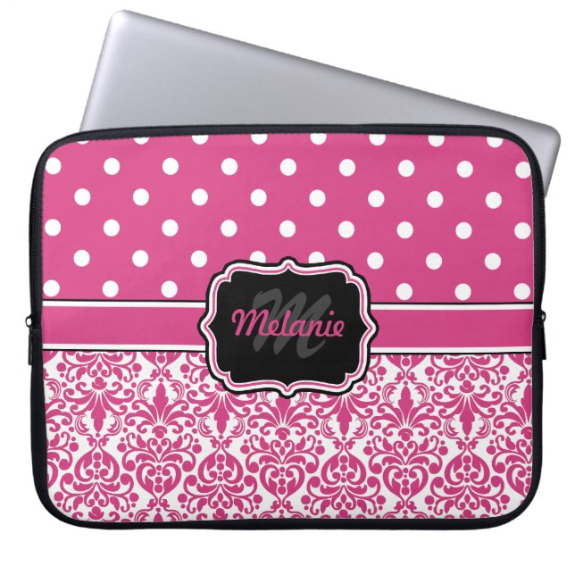 Capa Para Notebook Bolinhas de Damask Monograma, Rosa Quente (Frente)