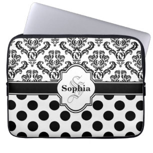 Capa Para Notebook Bolinhas em branco com Damasco de Vintage Preto