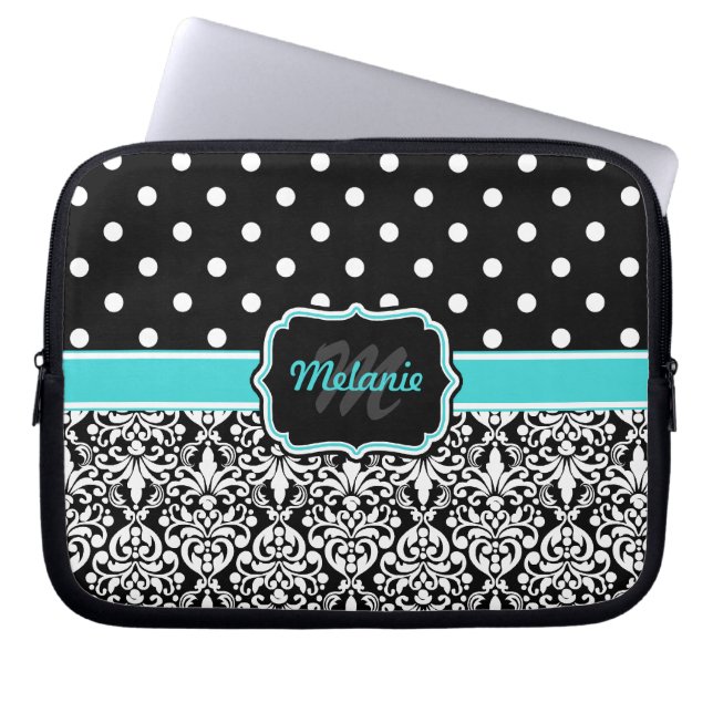 Capa Para Notebook Bolinhas preto azul monograma (Frente)