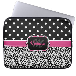 Capa Para Notebook Bolinhas preto, rosa quente, monograma, de máscara
