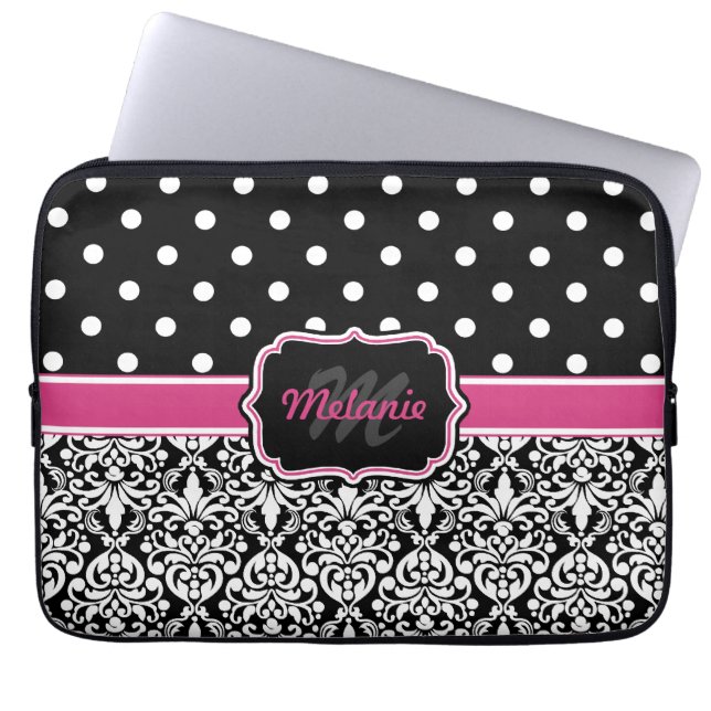 Capa Para Notebook Bolinhas preto, rosa quente, monograma, de máscara (Frente)