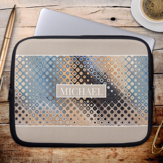 Capa Para Notebook Bolsa de laptop abstrato Art Glass Dots Tech Desig (A modern design laptop sleeve featuring an abstract art glass dots pattern in blue, grey and beige.)