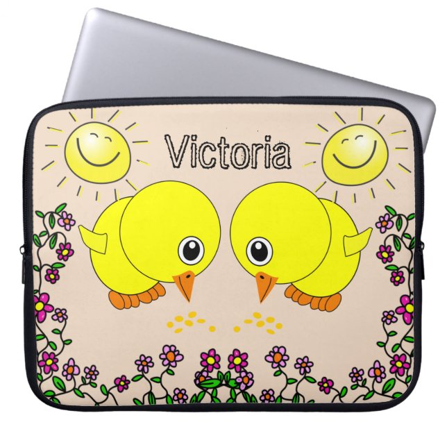 Capa Para Notebook Bolsa de laptop Amarelo Pintinhos Sun Floral (Frente)
