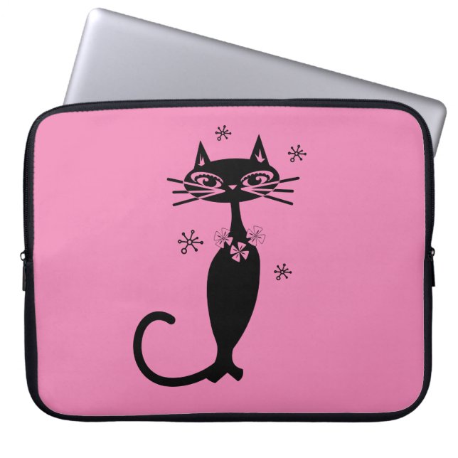 CAPA PARA NOTEBOOK BOLSA DE LAPTOP ATÔMICA DE RETRO DE GATO PRETO DE  (Frente)