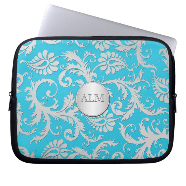 Capa Para Notebook Bolsa de laptop Azul Aqua e Damasco Prateado (Frente)