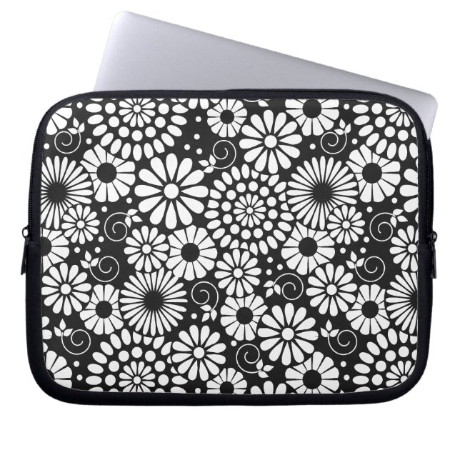 Capa Para Notebook Bolsa de laptop de flores brancas pretas retrorref (Frente)