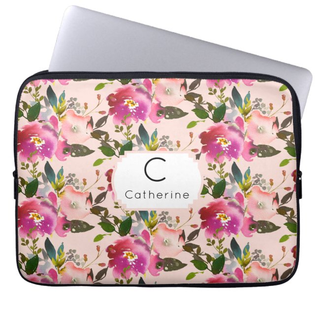 Capa Para Notebook Bolsa de laptop de Monograma Floral Rosa Elegante (Frente)