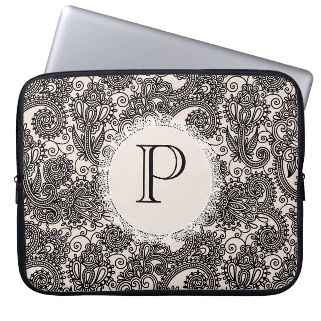 Capa Para Notebook Bolsa de Laptop de Renda Preta com Monograma Elega (Frente)
