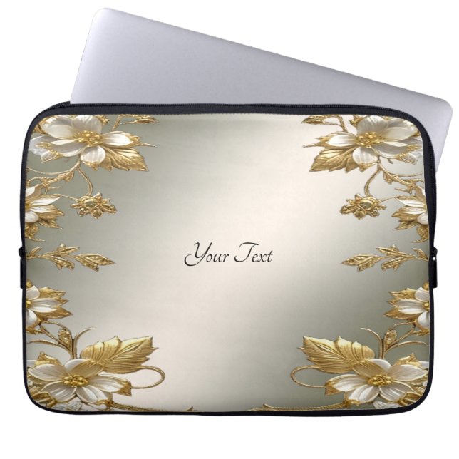 Capa Para Notebook Bolsa de laptop Dourada branca Floral (Frente)