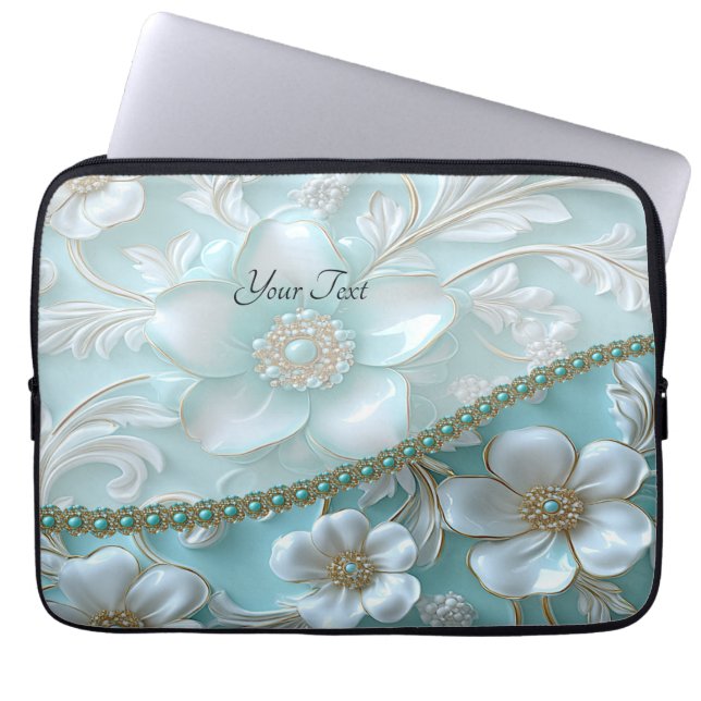 Capa Para Notebook Bolsa de laptop Floral Branco Teal (Frente)