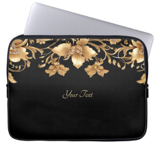 Capa Para Notebook Bolsa de laptop Floral do Ornamentado Preto Dourad