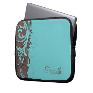 Capa Para Notebook Bolsa de laptop Floral Marrom Azul Aqua Personaliz