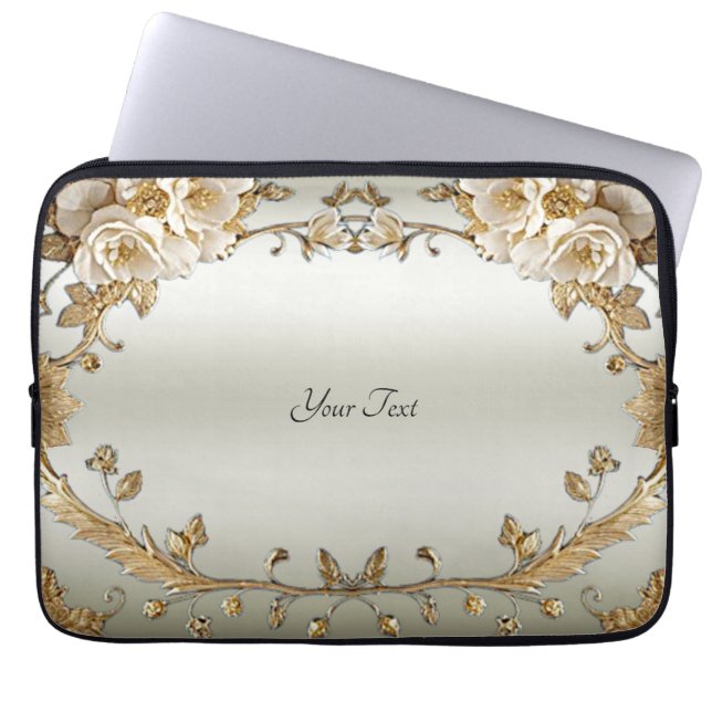 Capa Para Notebook Bolsa de laptop Flores brancas do Ornamentado ouro (Frente)