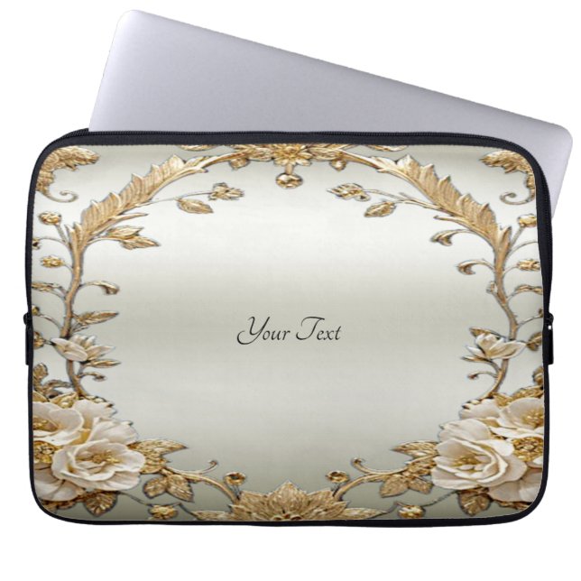 Capa Para Notebook Bolsa de laptop Flores brancas do Ornamentado ouro (Frente)