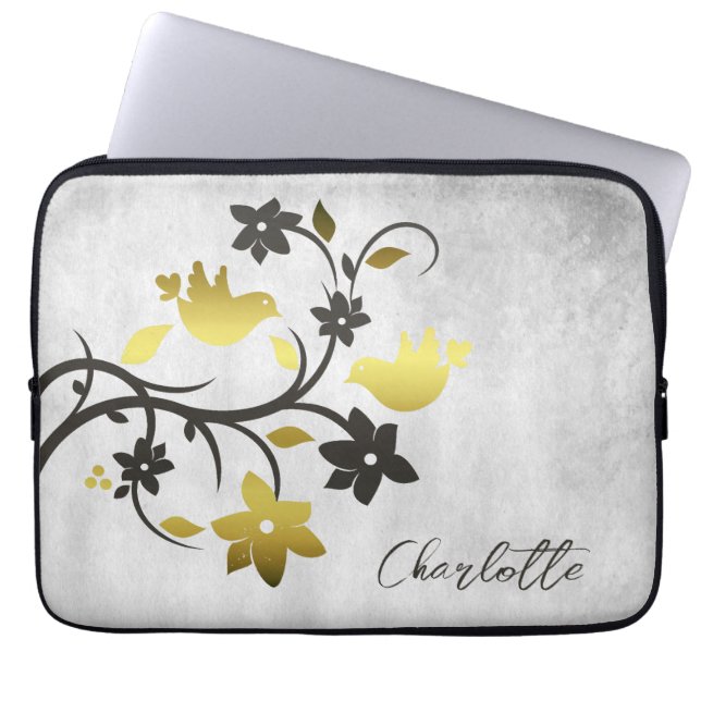 Capa Para Notebook Bolsa de laptop Personalizada de Aves Douradas (Frente)