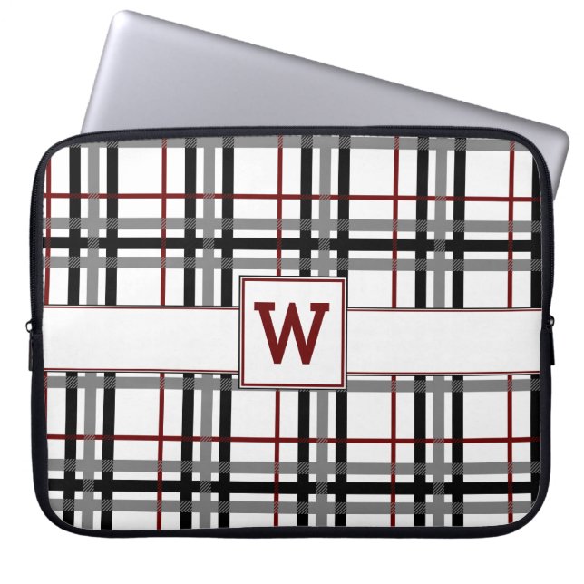 Capa Para Notebook Bolsa de laptop Preta Branco e Xadrez Vermelha (Frente)