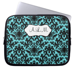 Capa Para Notebook Bolsa de laptop preto monograma, Aqua Damask