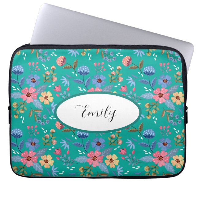 Capa Para Notebook Bolsa de laptop Teal Floral Personalizada (Frente)