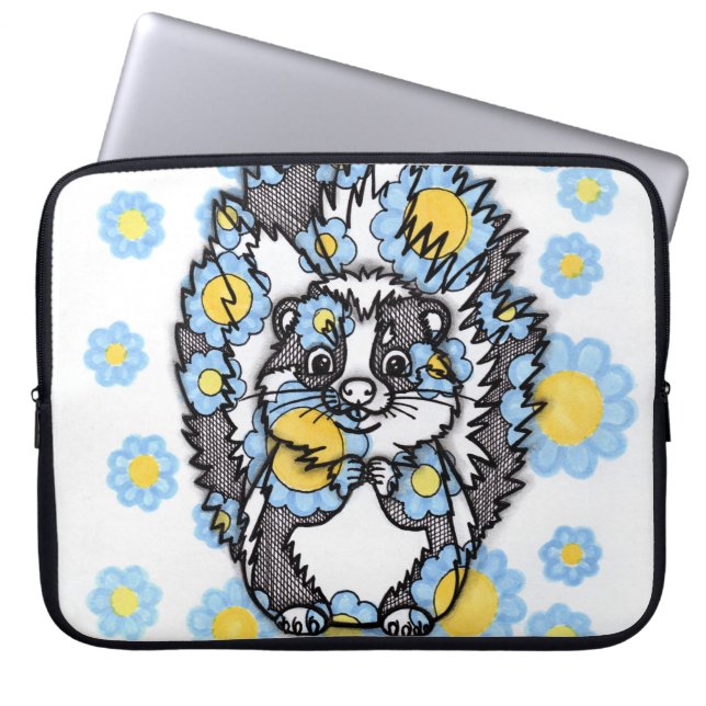 Capa Para Notebook Bolsa para Laptop com Esquilo Fofo e Flores Azuis (Frente)