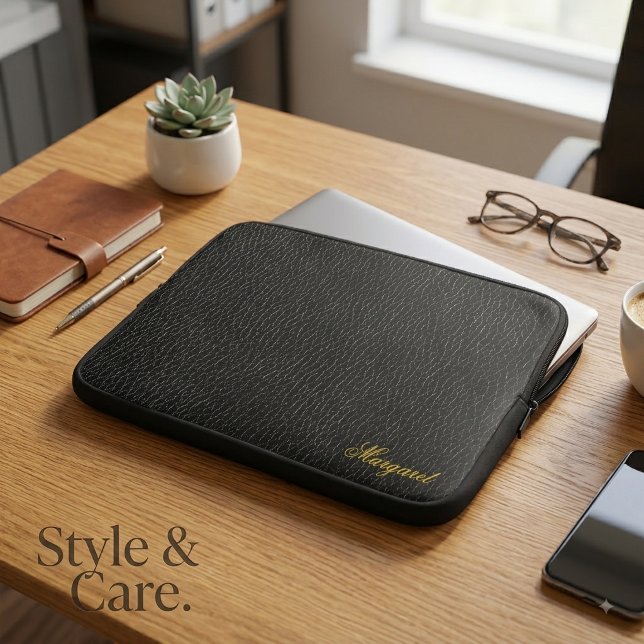 Capa Para Notebook Bolsa para Laptop com Textura de Couro Preto e Nom (Custom Name Black Leather Texture Laptop Sleeve)