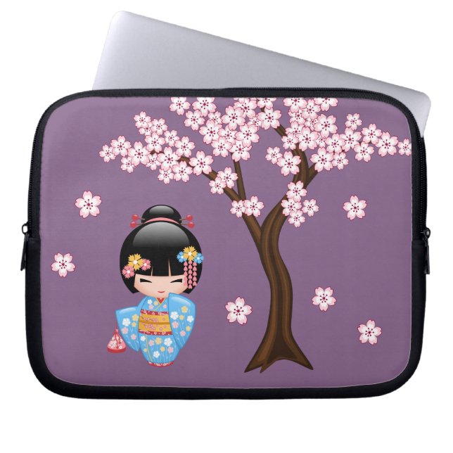 Capa Para Notebook Boneca Maiko Kokeshi - Rapariga Kimono Geisha Azul (Frente)