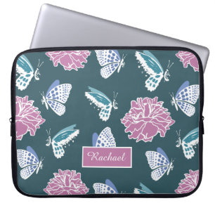 Capa Para Notebook Borboleta Azul e Padrão Rosa Rosa Rosa Cor-de-Rosa