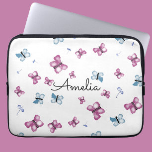 Capa Para Notebook Borboleta Azul Monograma e Rosa