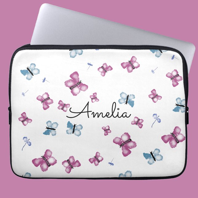 Capa Para Notebook Borboleta Azul Monograma e Rosa (Criador carregado)