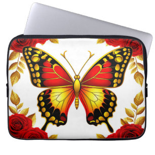 Capa Para Notebook Borboleta Dourada Com Rosas Vermelhas E Folhas Dou
