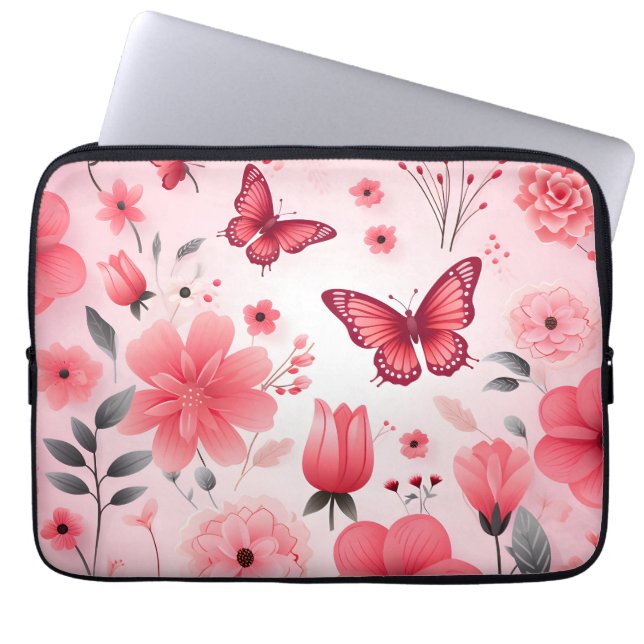 Capa Para Notebook Borboleta e Floral Rosa (Frente)
