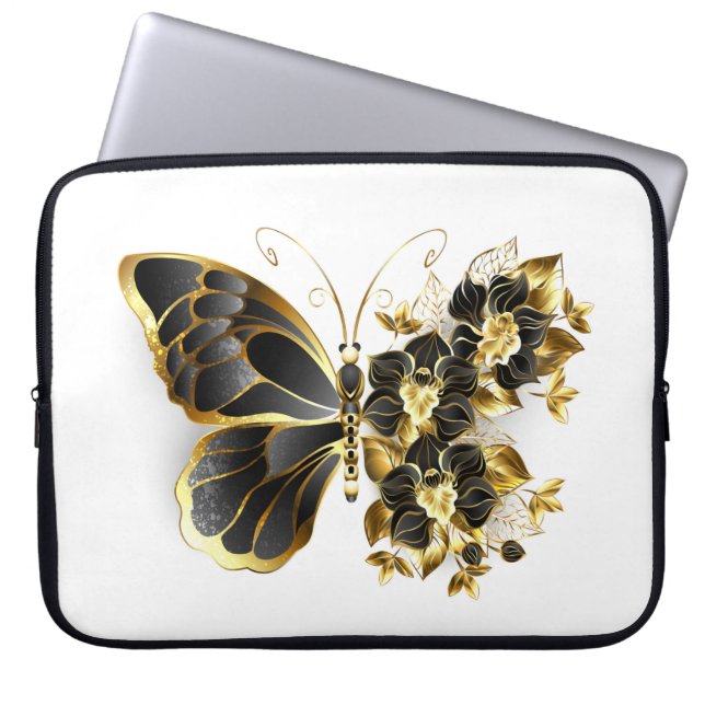 Capa Para Notebook Borboleta Flor Dourada com Orquídea Preta (Frente)
