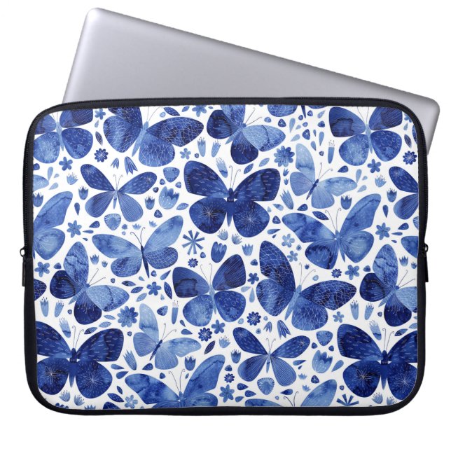 Capa Para Notebook Borboletas Aquarela Bolsa de laptop Azul (Frente)