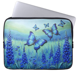 Capa Para Notebook Borboletas Azuis com Flores Azuis,