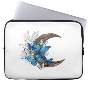 Capa Para Notebook Borboletas azuis em crescente de madeira