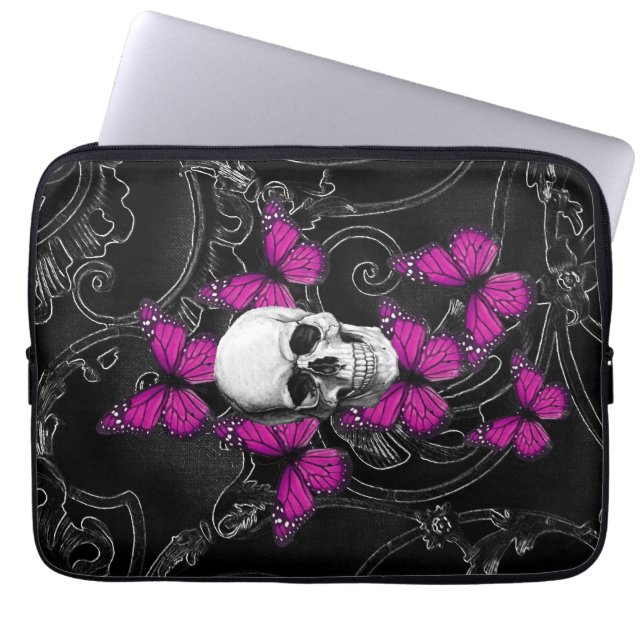 Capa Para Notebook Borboletas do crânio da fantasia e do rosa quente (Frente)